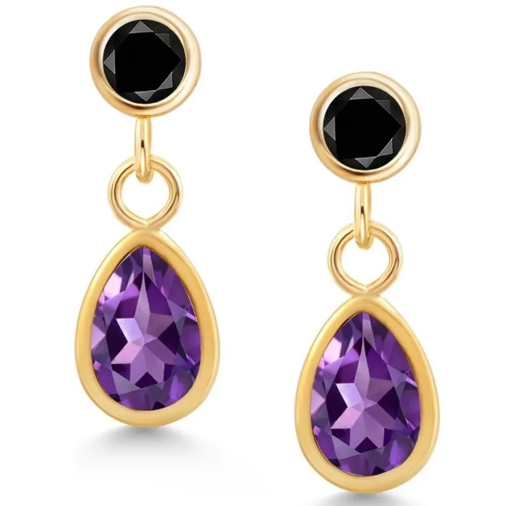 14K Yellow Gold with 0.92 Cttw Amethyst and Black Diamond Post Back Earrings